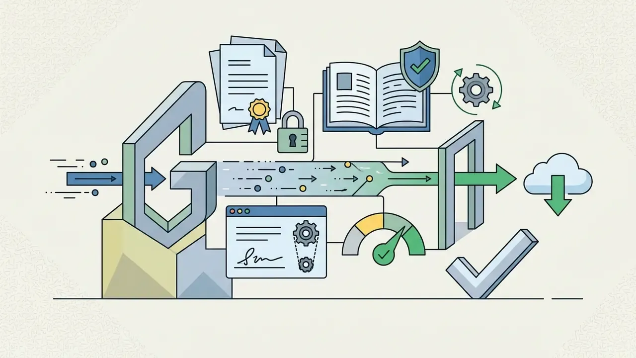 Data passing through a rights gate with icons for legal documents, compliance checks, and cloud storage