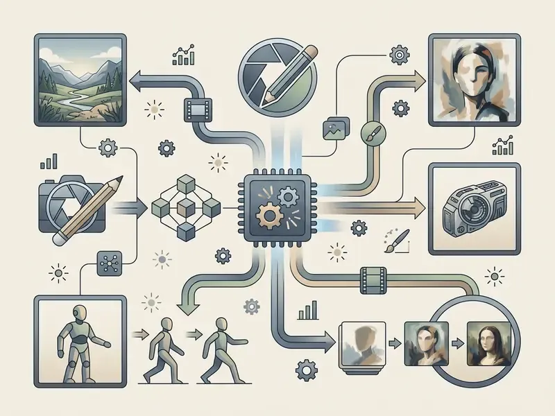 Central processor connected to various artistic outputs like landscapes, portraits, and motion sequences