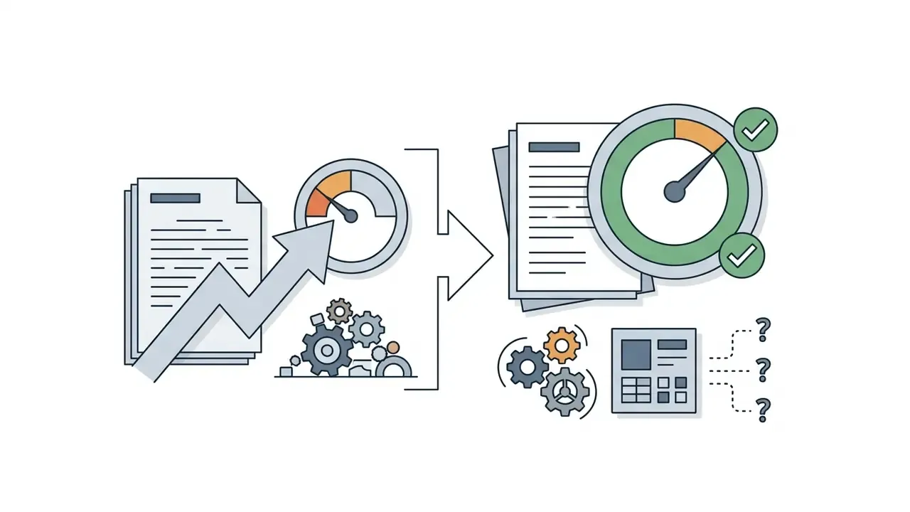 Arrow pointing from a document and gear cluster toward a finalized report with gauges and query icons