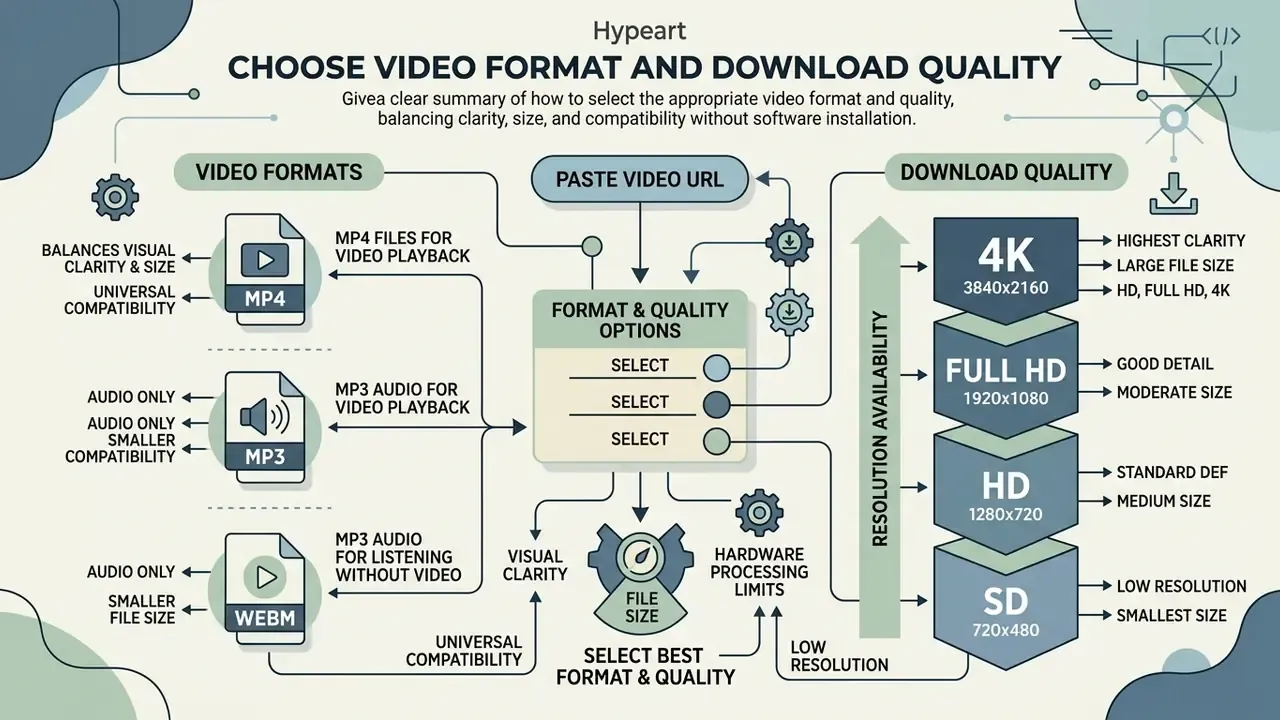 Infographic comparing video formats and resolution levels to balance file size with visual clarity