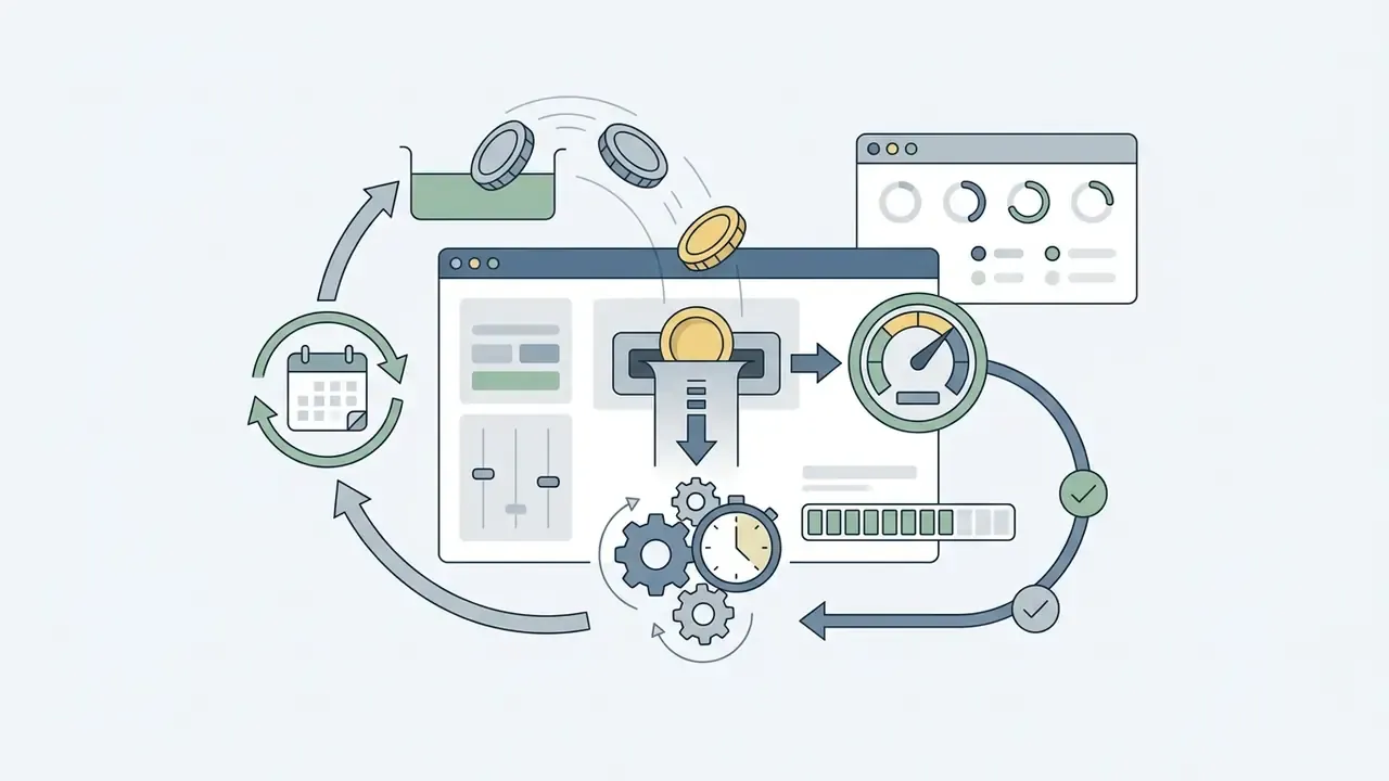 Cycle diagram showing coins being deposited into a software interface to trigger automated video rendering