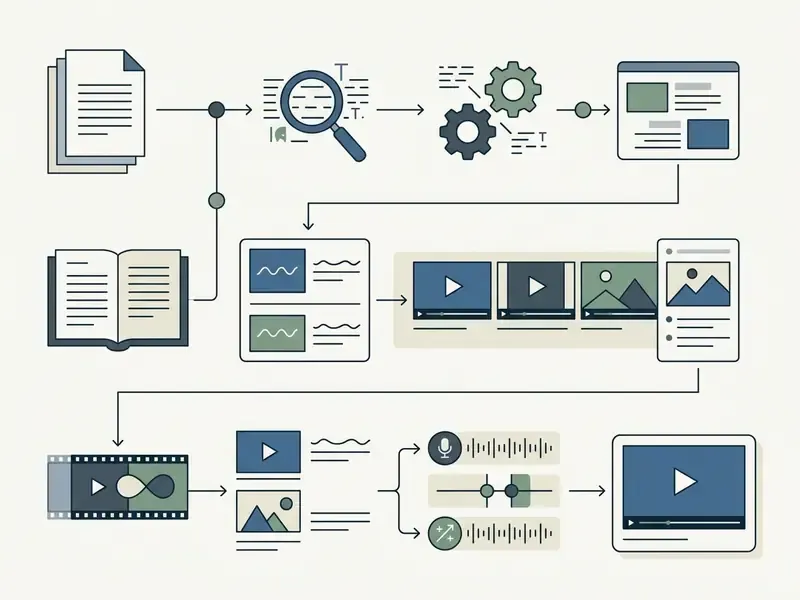 Flowchart depicting the conversion of text documents into AI voiceovers and video presentation scenes
