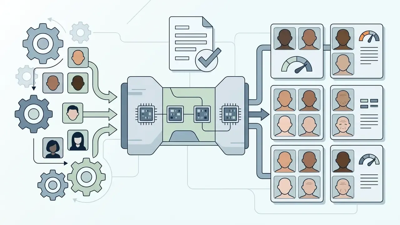 Diverse face icons feeding into a central processor to generate categorized demographic cohorts