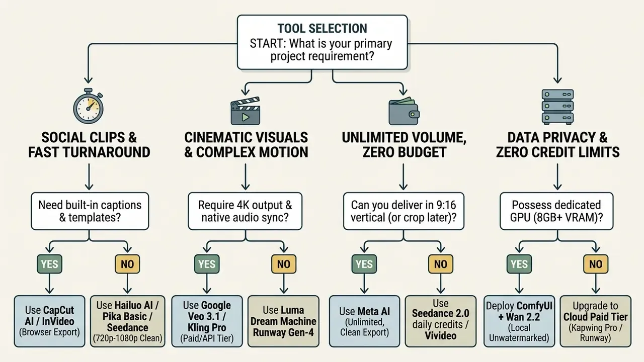 Decision tree mapping project needs to specific AI video generator recommendations