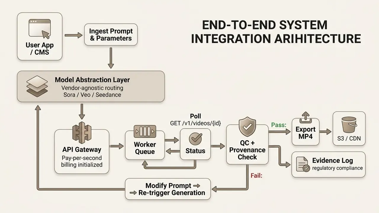 Technical architecture diagram showing the end-to-end data flow for automated video generation workflows