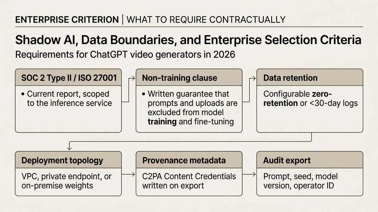 Sequential checklist of contractual requirements for evaluating secure enterprise ChatGPT video generators