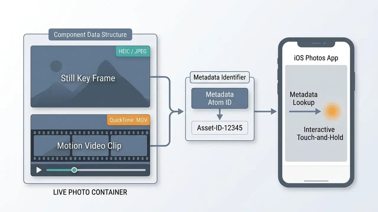 Diagram showing how a still image and video clip are linked by metadata to create a Live Photo