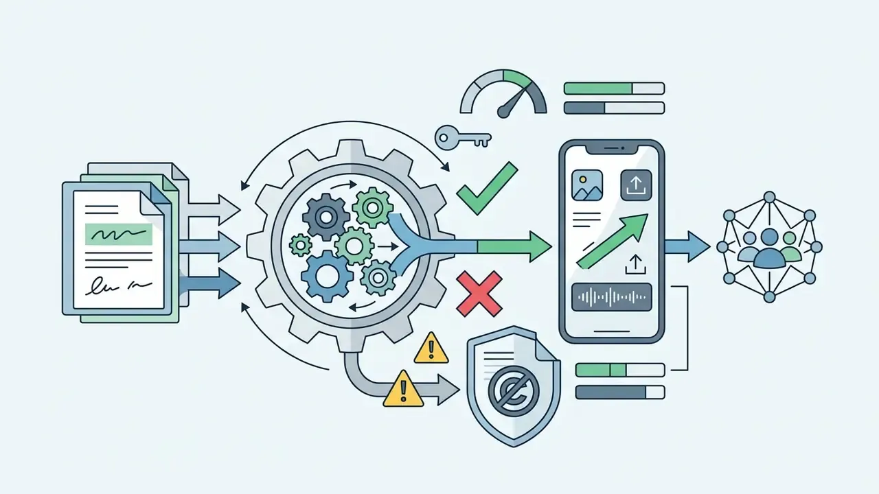 Legal documents flowing into a gear system that directs cleared content to mobile devices and social networks