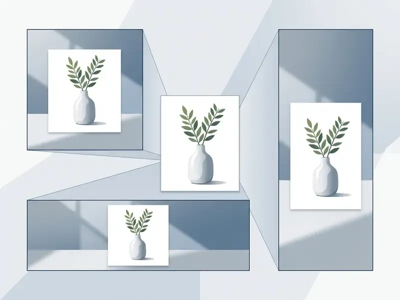 Square product photo of a vase with leaves adapted into various aspect ratios using AI canvas expansion