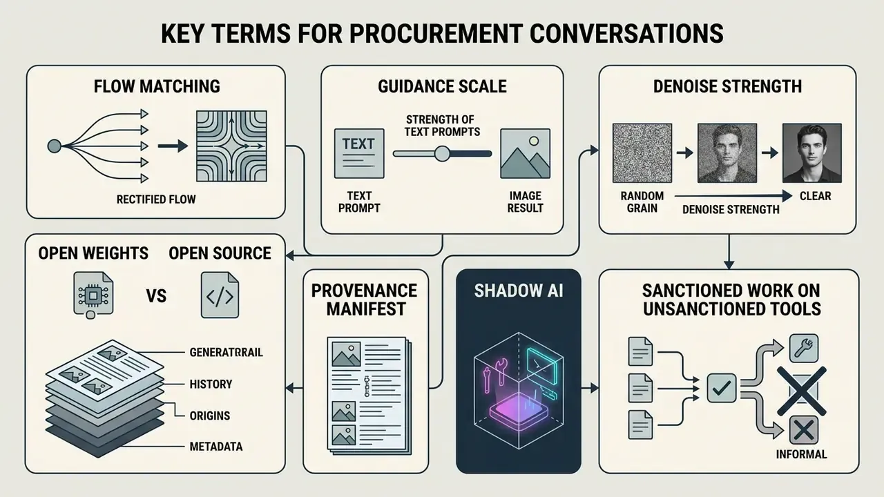 Summary of technical procurement terms including flow matching, guidance scale, denoise strength, and shadow AI