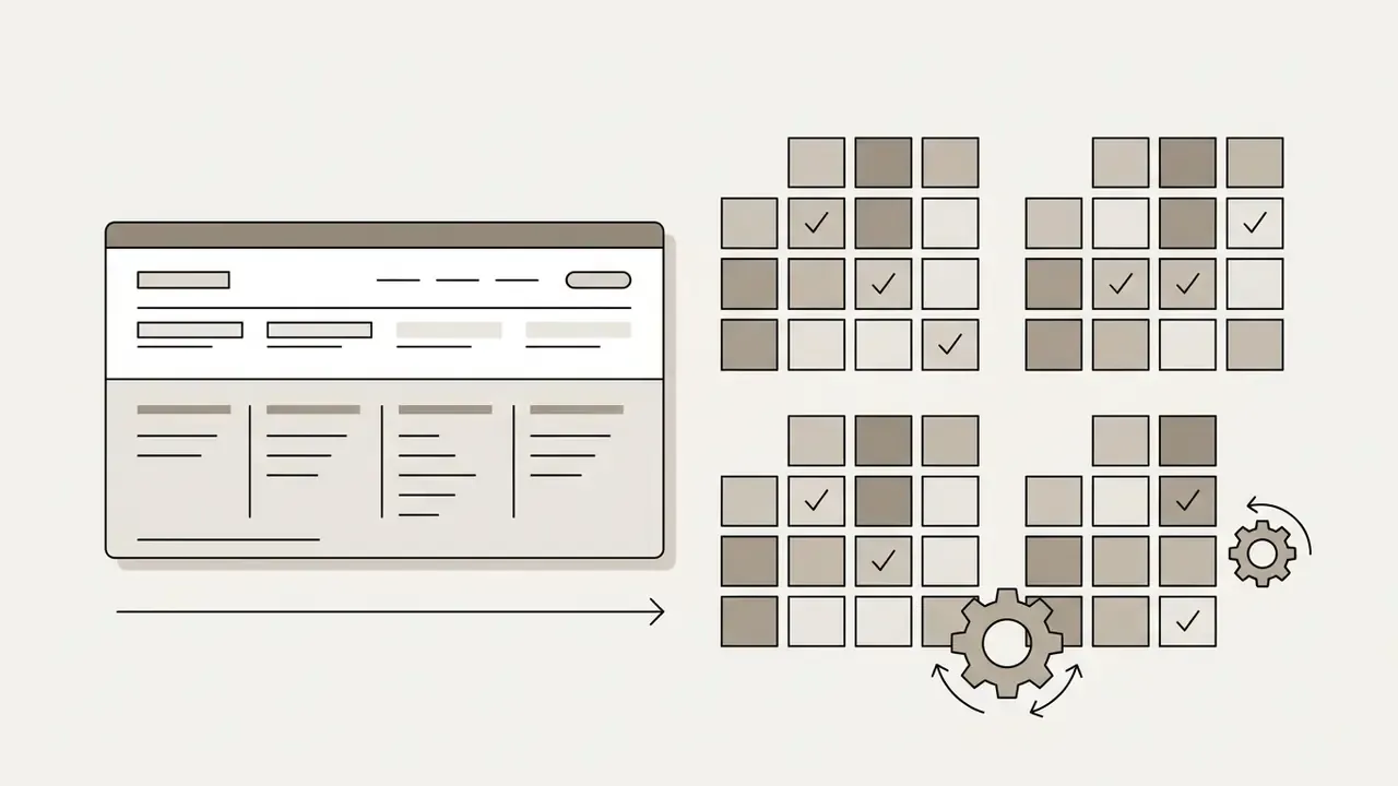 Website layout feeding into grids of media options processed by rotating gears for comparison