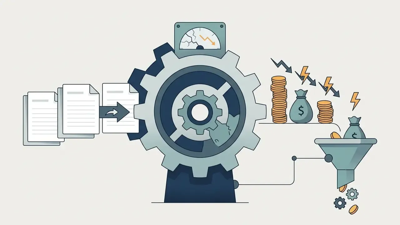 Documents feeding into a broken gear mechanism that drains money and coins into a funnel