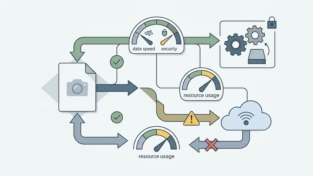 Data flow paths comparing local processing with cloud storage and security metrics