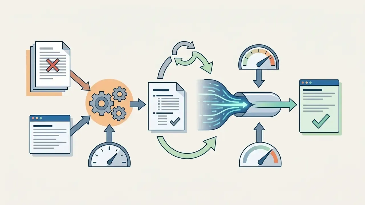 Documents and gauges feeding into a processing pipeline to refine and validate digital content