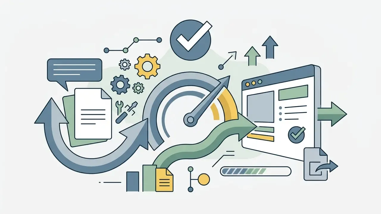 Stylized icons of a speedometer, document, and computer screen representing rapid workflow automation