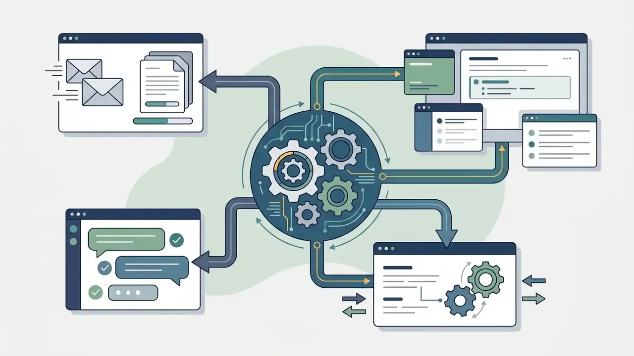 Software windows and messaging interfaces connect to a central gear hub to synchronize automated workflows