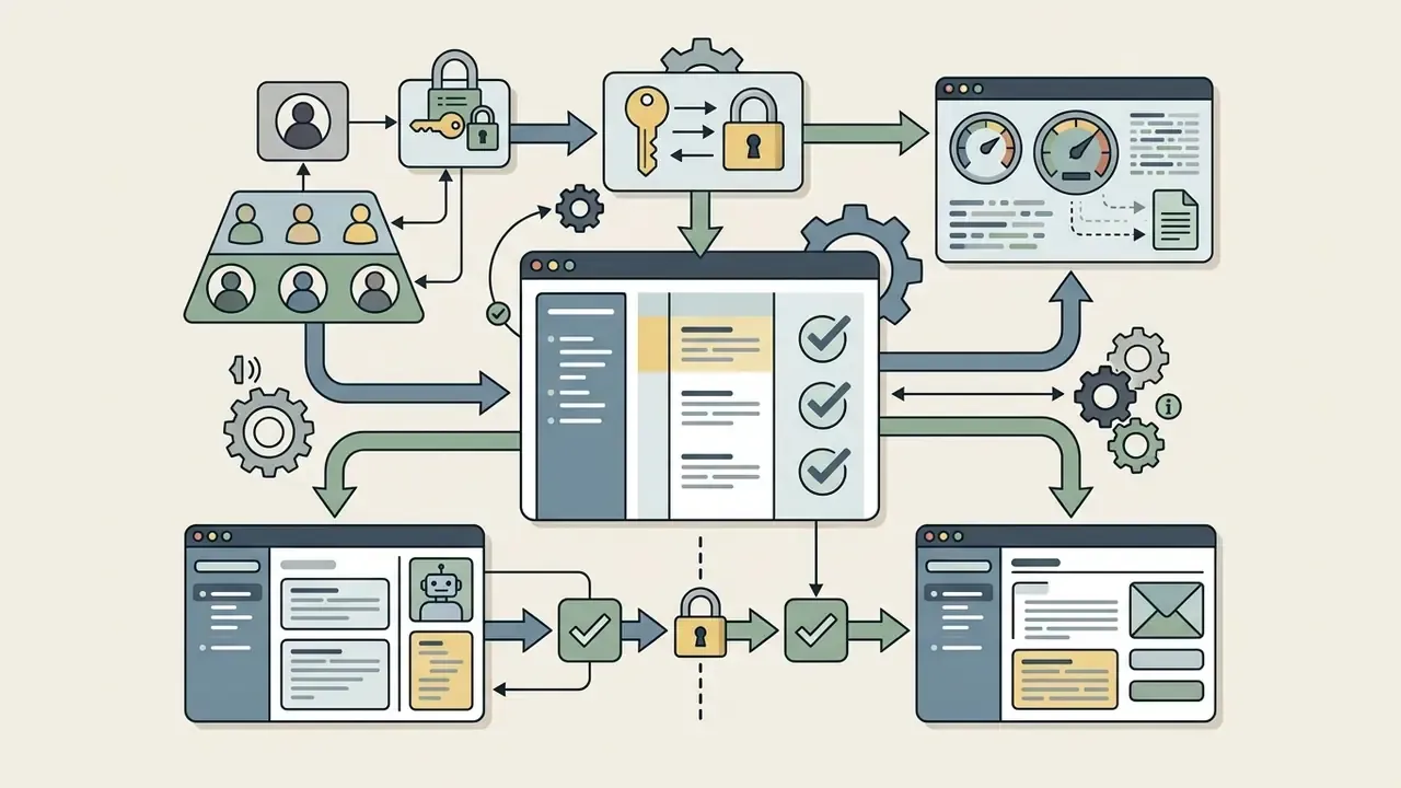 Network of user roles and security icons connecting to a central dashboard with access control workflows