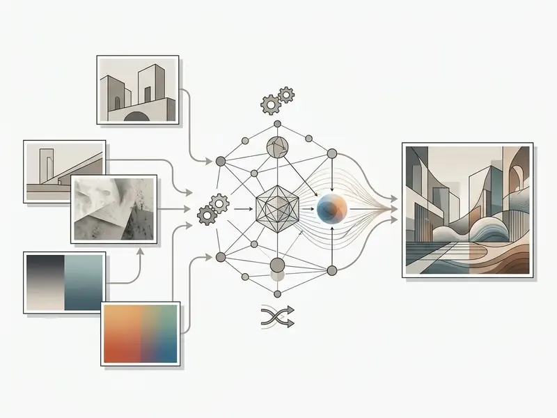 Multiple source images feeding into a central processing node to generate a single combined visual