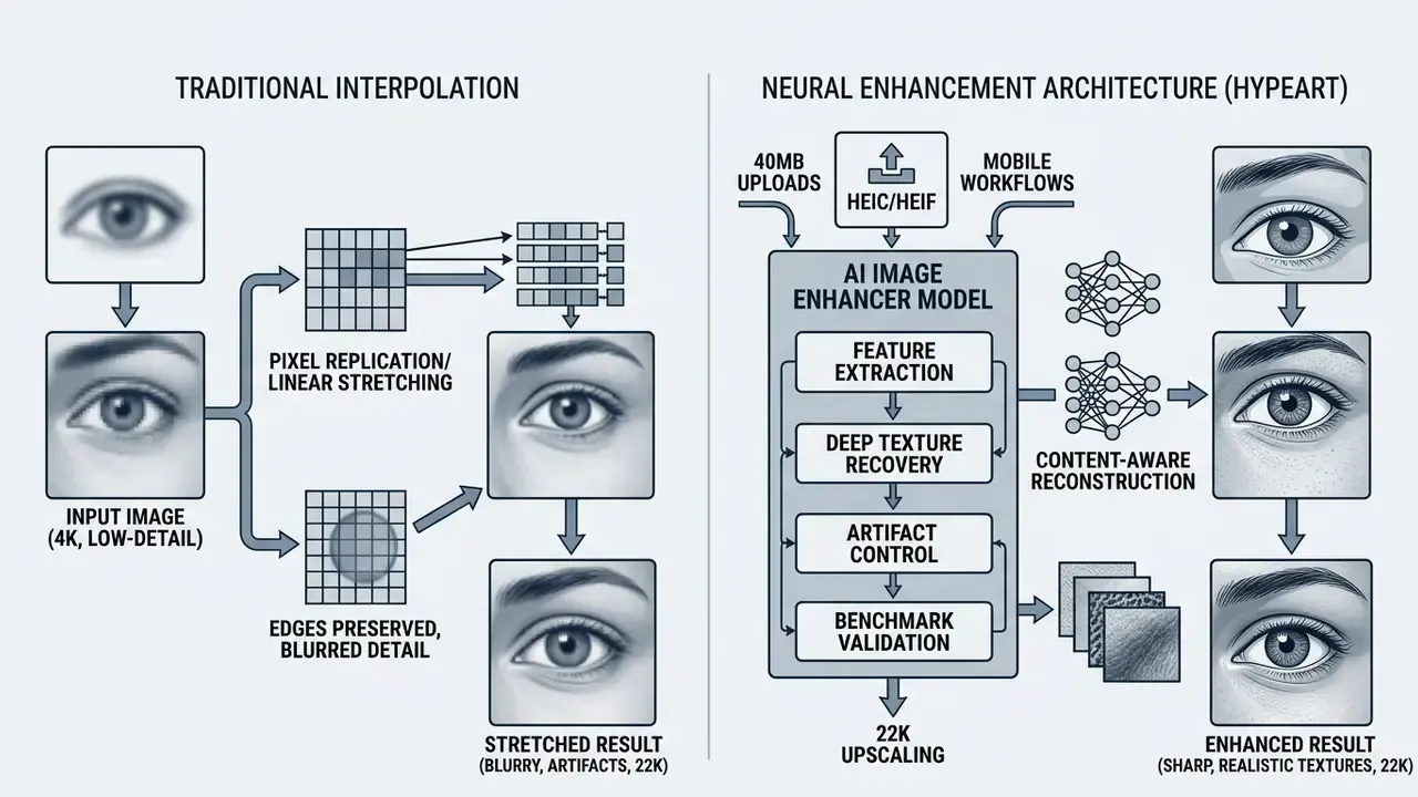 Diagram comparing traditional pixel stretching methods with a neural AI image enhancement architecture