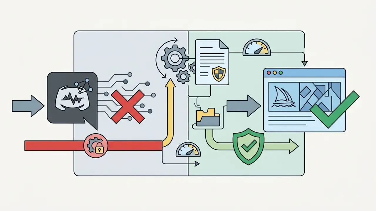 Blocked Discord access alongside a managed web app workflow featuring document processing and security