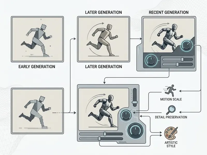 Diagram showing the evolution of AI video generation quality and control settings for modern models