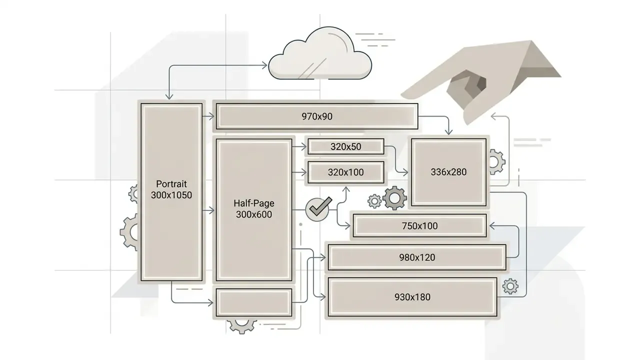 Network of interconnected boxes representing various standard digital banner ad sizes and dimensions