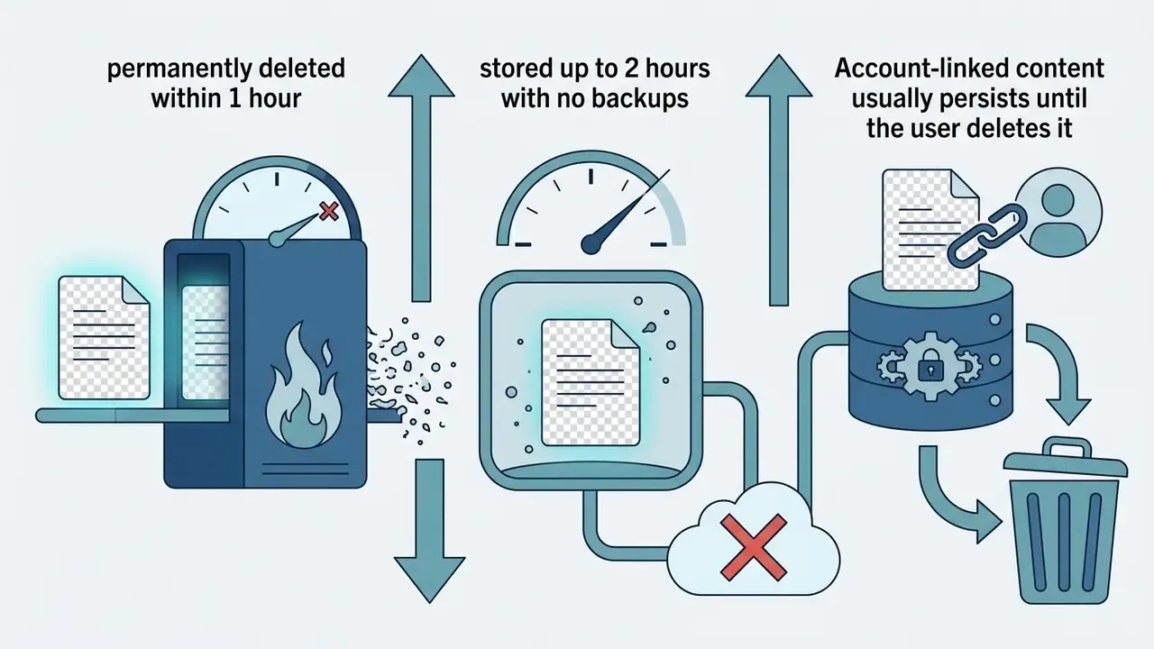 Diagram showing three data retention policies for uploaded files including deletion and storage timelines