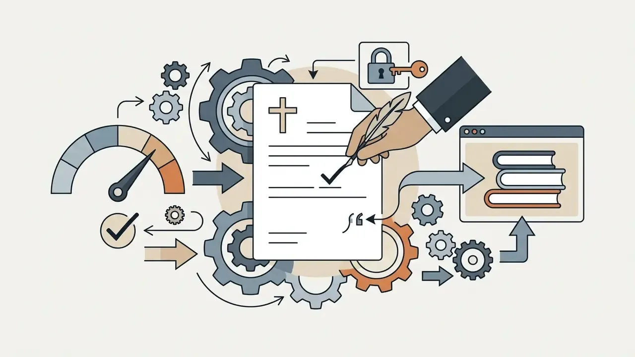 Quill pen held by a person marking a document with a cross icon amidst gears and a library browser window