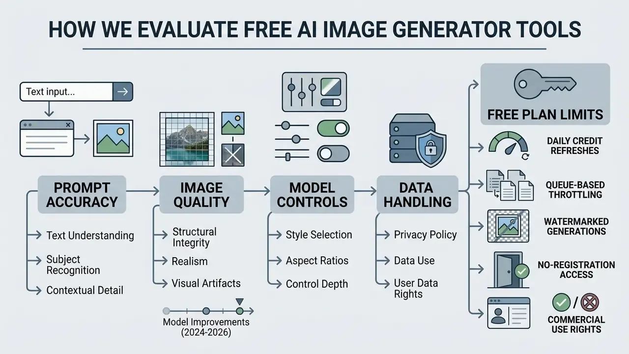 Flowchart detailing criteria for assessing AI image tools including prompt accuracy and usage limits
