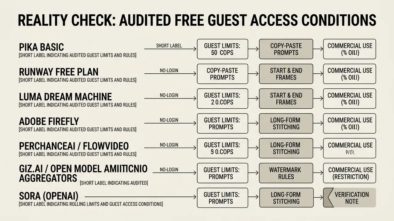 Flowchart comparing free guest access limits and usage rules for various text to video AI platforms