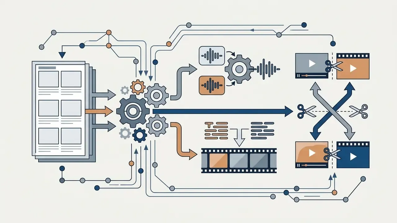 Storyboard feeding into a gear processor to merge audio, subtitles, and video clips with automated cuts