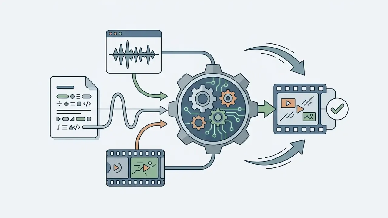 Central gear mechanism processing script, audio, and visual assets into a finished video production