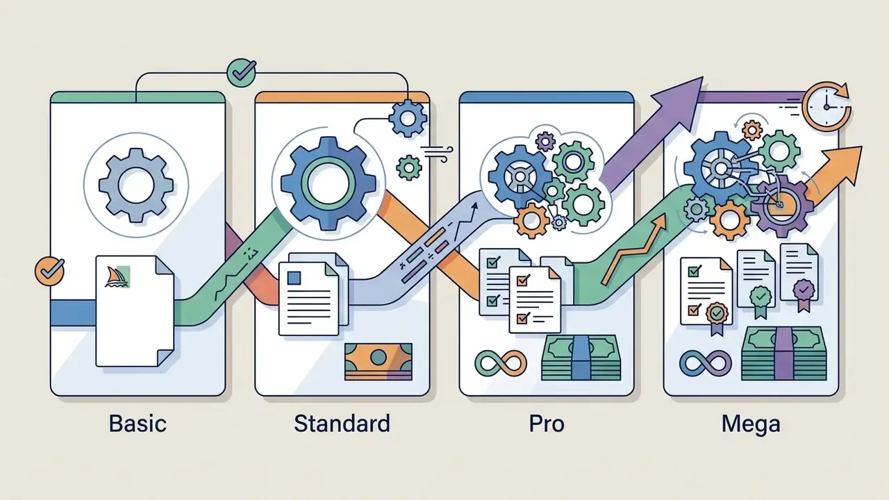 Four vertical panels showing increasing complexity of gears, documents, and currency for subscription tiers