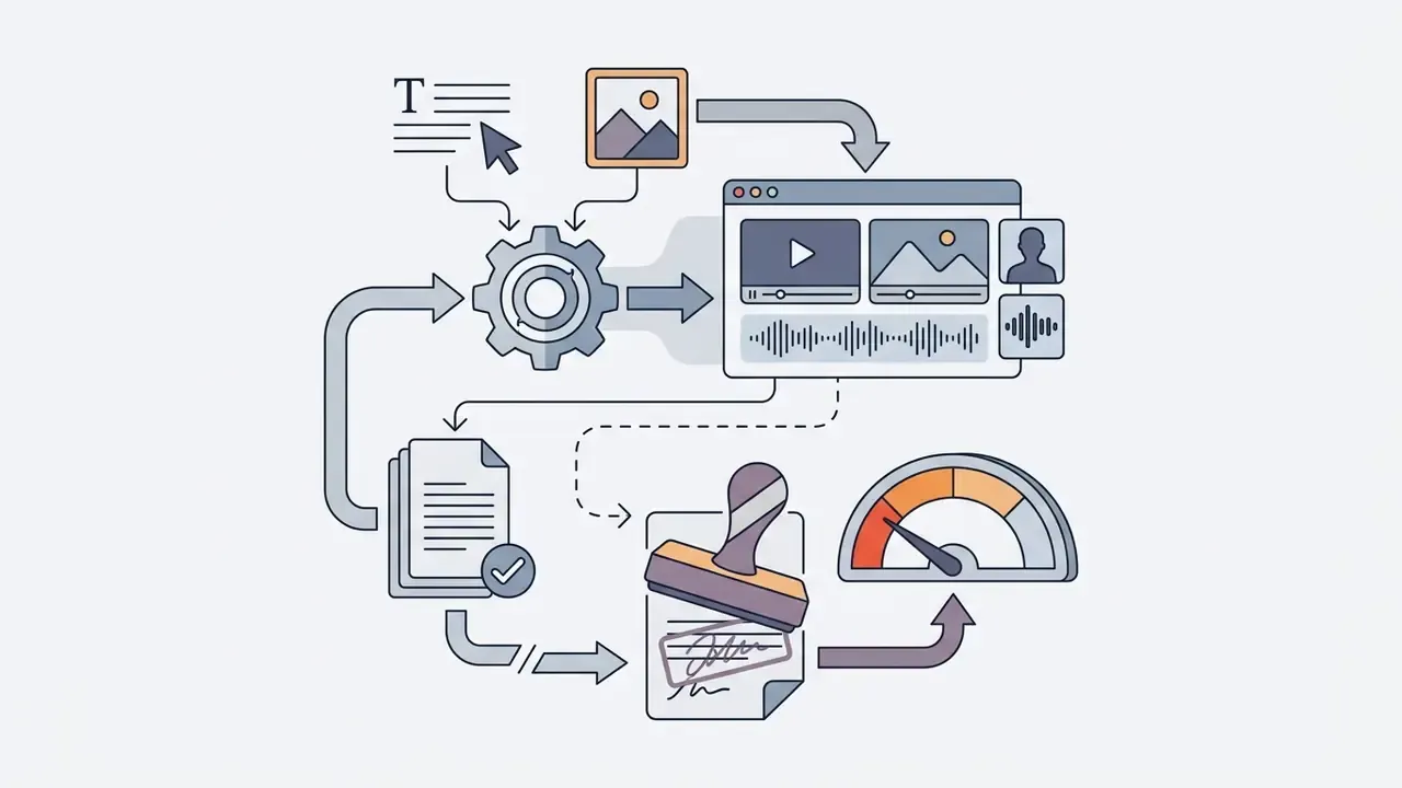Text and image inputs feeding a central gear system that outputs video files for review and stamping
