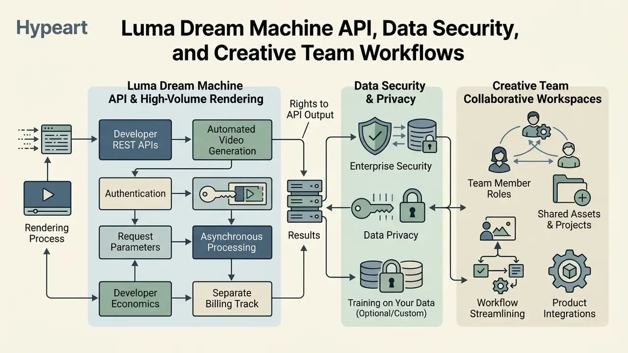 Diagram showing Luma Dream Machine API, data security, and collaborative team workflow components