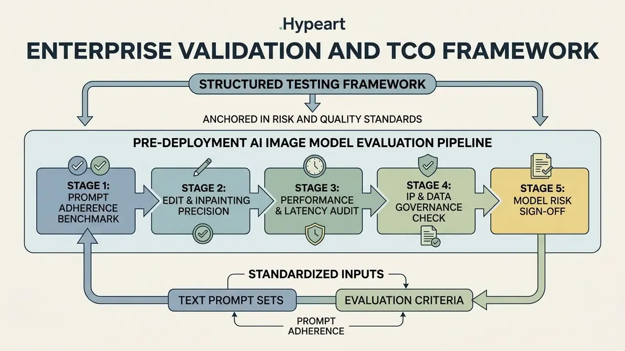 Five-stage pipeline diagram for evaluating AI image models using standardized prompts and risk criteria