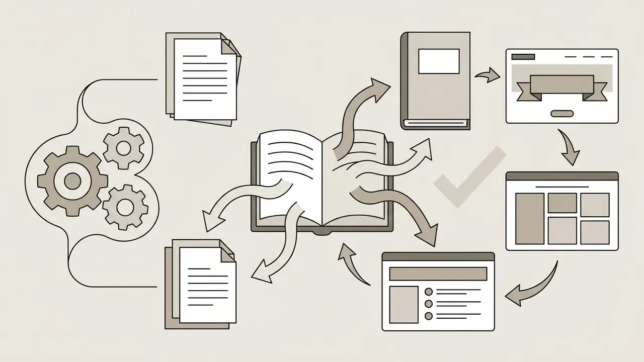 Documents and gears feeding into a central book that generates various editorial and web layouts