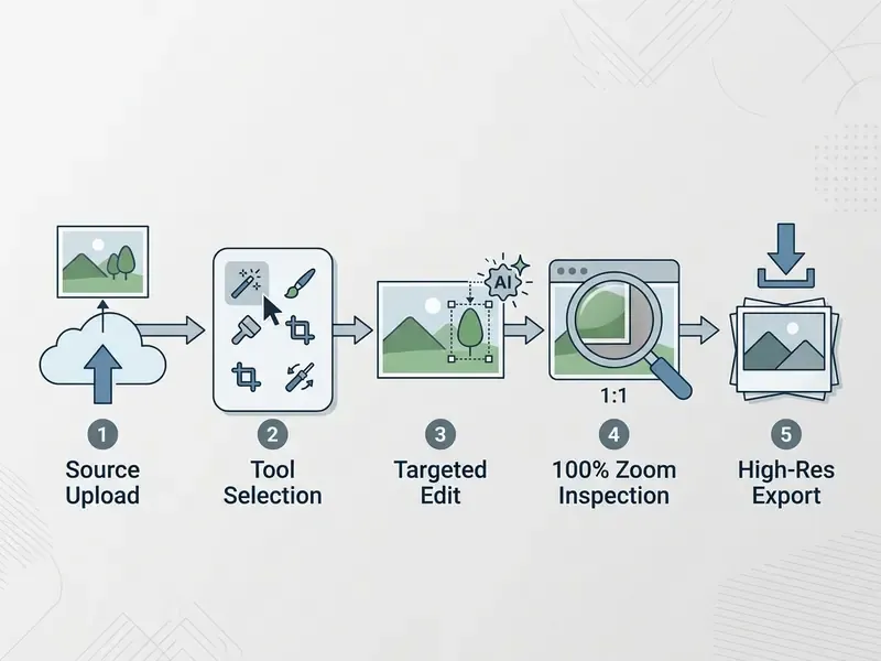 Five step workflow diagram showing image upload, tool selection, targeted editing, inspection, and export