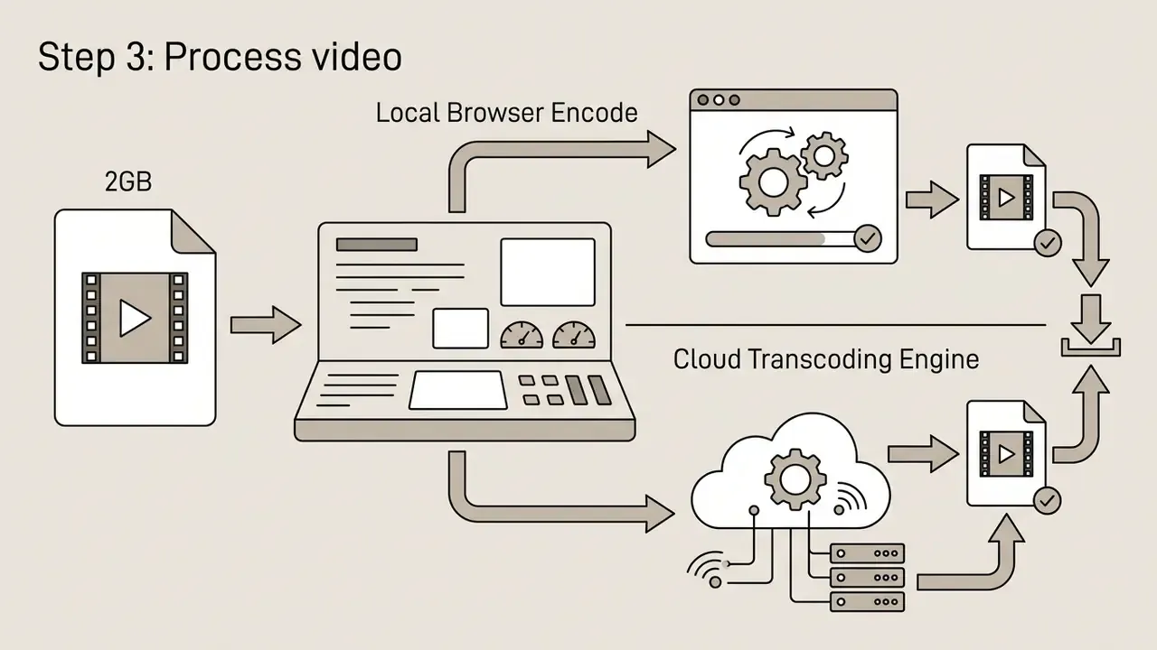 Flowchart showing a 2GB video file processed via local browser encoding or a cloud transcoding engine