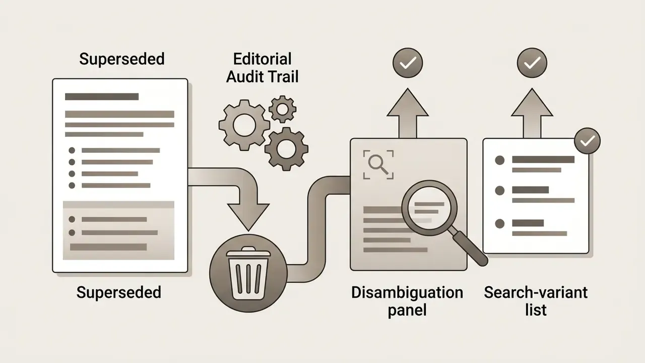 Flowchart showing a superseded document moving into a trash bin before becoming a new navigation panel