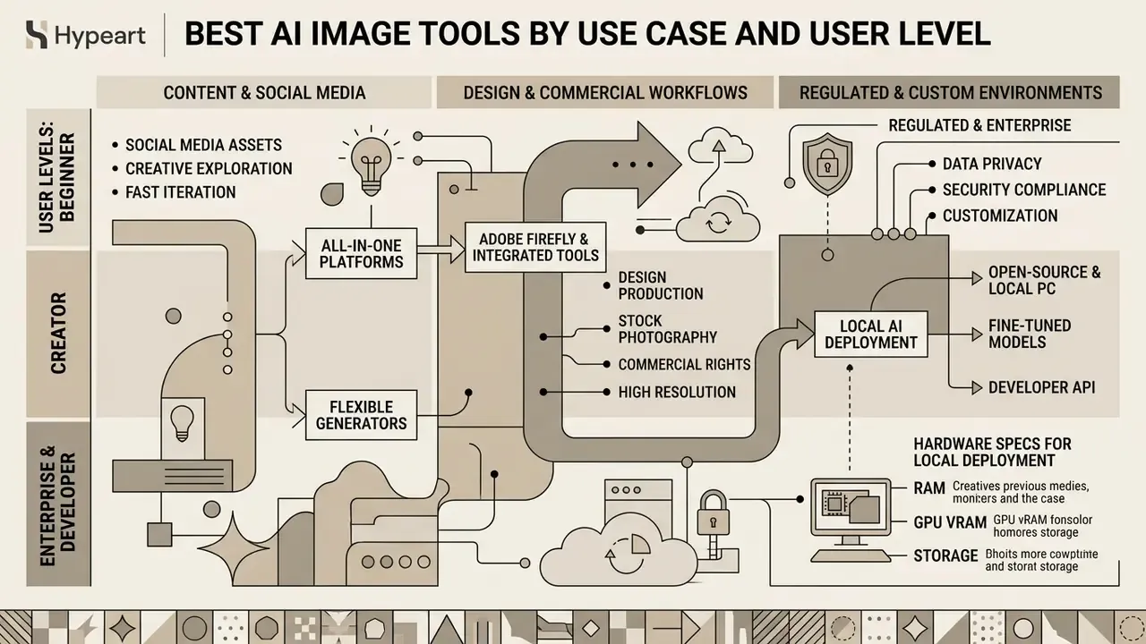 Flowchart mapping AI image generation capabilities by user level and operational environment requirements