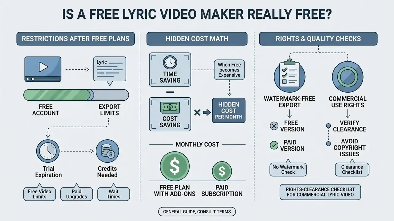 Infographic comparing hidden costs, export restrictions, and commercial rights for video editing software