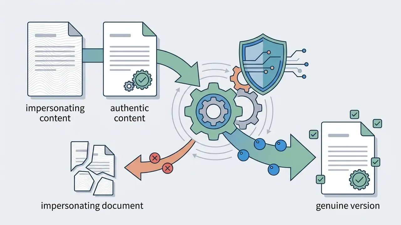 Documents moving through a gear mechanism with a shield to transform impersonating content into a genuine version