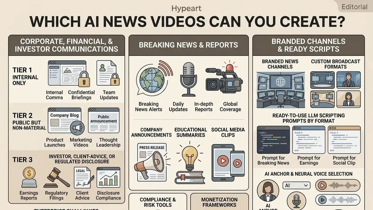 Categorized infographic detailing corporate communication tiers, news reporting formats, and LLM prompts