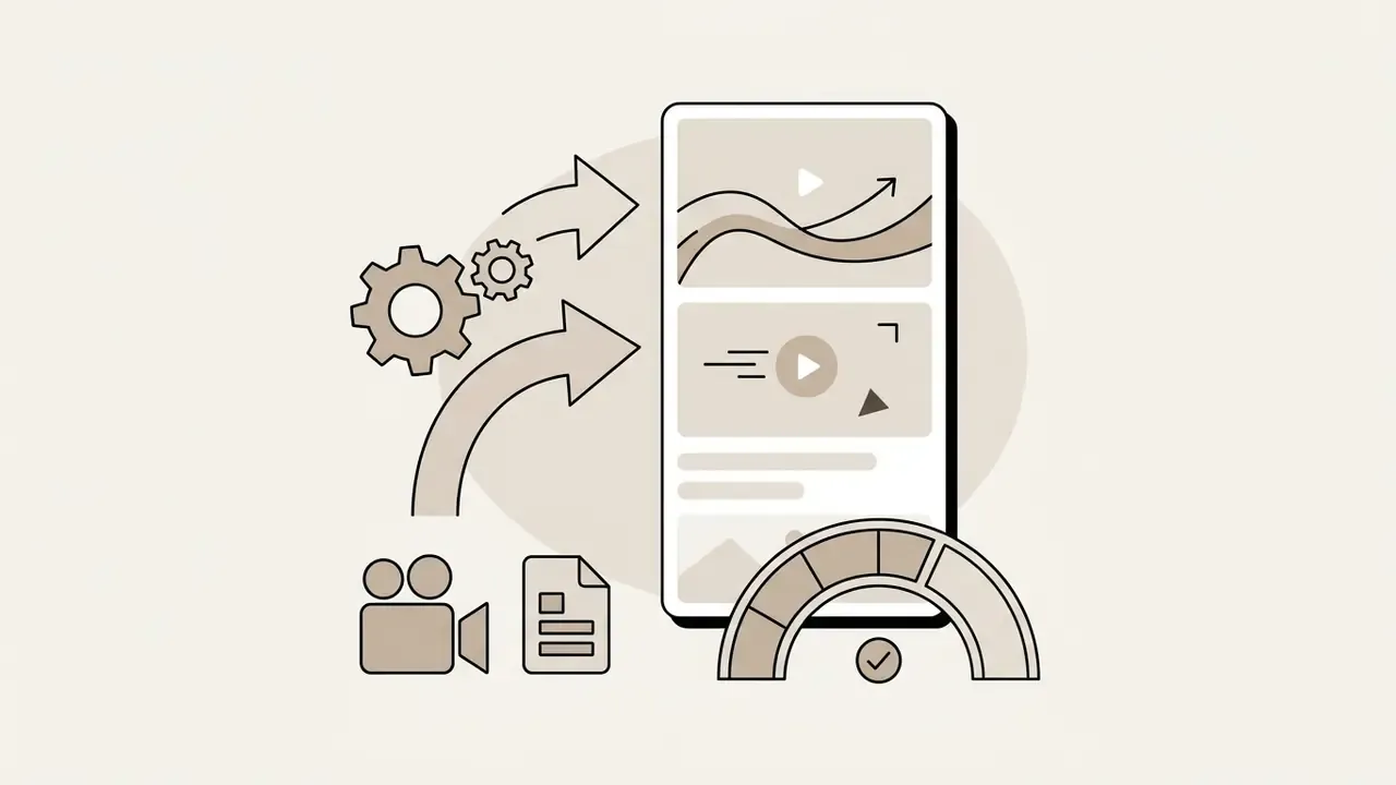Gears and arrows directing video and document inputs into a mobile interface with a progress gauge