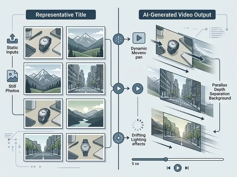 Comparison showing static photos transforming into AI video with pan, parallax, and lighting effects