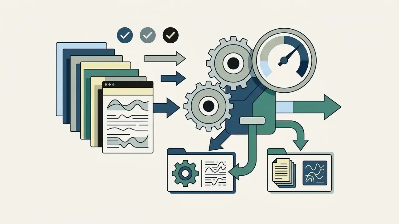 Layered documents and gears processing data into organized folders with status checkmarks