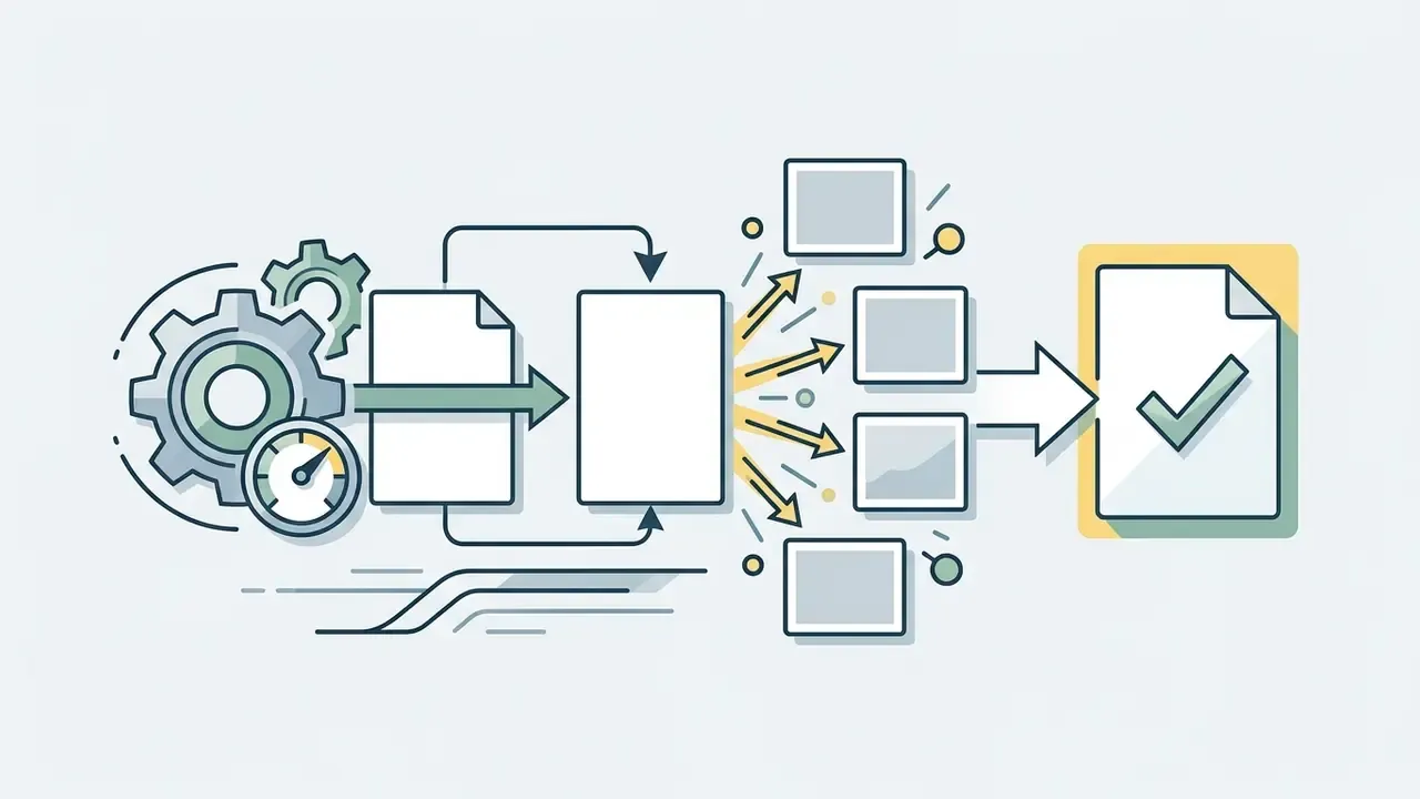 Gears and a gauge processing a document into multiple variants that converge into a single approved output
