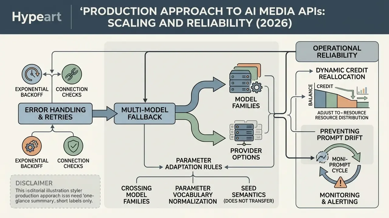 Diagram showing error handling, multi-model fallback, and operational reliability for AI Media APIs