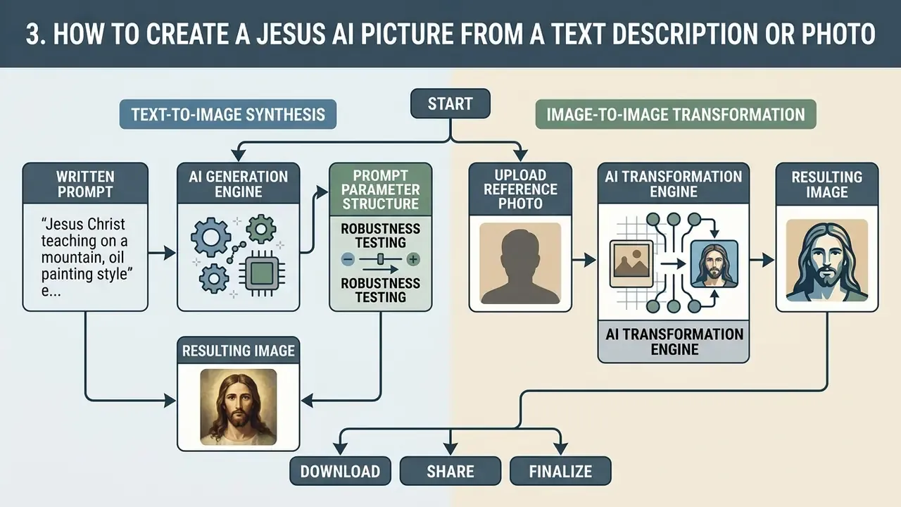 Flowchart comparing text-to-image and image-to-image workflows for generating synthetic religious portraits